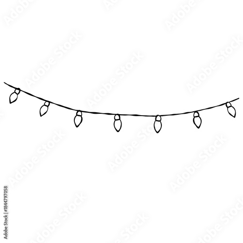 Hand Drawn Christmas Light Garlands Line Art, Doodle Holiday String Lights outline Illustration