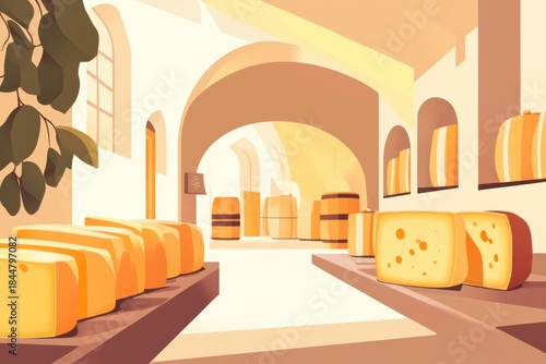 Graphic layout showcasing cheese aging process in winery setting with focus on minimalism