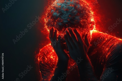 Burnout concept in advertising featuring tired employee with head in hands in minimal style