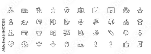 Costume rental icon set, thin linear vector pictograms for booking, fitting, delivery, return, location, shoes, accessories, discount coupon, theatre cosplay fashion business outline symbols
