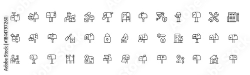 Mailbox installation icon set, modern thin line vector illustrations for secure delivery, smart sensor alerts, waterproof parcel box, residential posthole, professional installer symbols