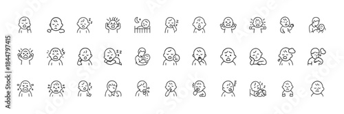 Baby sleep problems icon set, including restless infant, tantrum, soothing scenes, yawning toddler, crying, sleepless night care, linear vector illustration, baby fatigue, infant crying