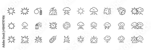 Explosion detonation icon set, linear vector pictograms of blast impact, bomb and dynamite force, shockwave burst, mushroom cloud, fire debris, energy destruction, thin outline illustration