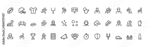 American football icon collection, featuring thin linear illustrations of quarterback, touchdown, helmet, field, referee, team gear, pictograms, jersey, whistle, sport strategy