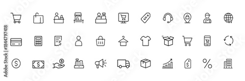 Shopping and retail icon set, vector glyph pictograms for storefront, shopping cart, cashier, store, marketplace, ecommerce business, black silhouette illustration, online commerce