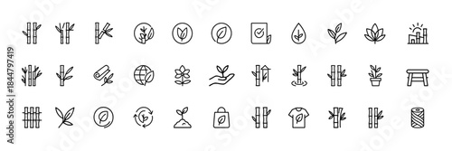 Bamboo icon set, vector glyph pictograms of bamboo stalks and leaves, fabric and fiber symbols, ecology and sustainability themes, black silhouette style, nature environment, green organic design
