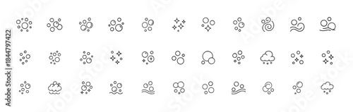 Effervescent Bubble Foam Icon Set, Underwater Air Bubbles and Sparkle Glyph Pictograms, Cleanliness and Hygiene Symbols, Black Silhouette Vector Illustration, Modern Minimal Design, Bath Shower