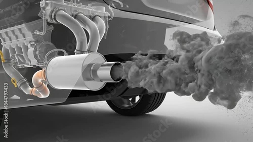 3D animated illustration of a car exhaust emission system.
