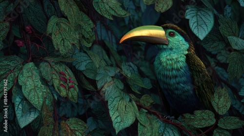 A bird with a large yellow beak perches quietly among green leaves in a dense forest. The scene shows bright colors and details of the bird's feathers and surrounding foliage.