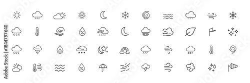 Weather and climate line icon set, thin linear pictograms for storm, rain, snow, hurricane, hail, thunder, UV index, thermometer forecast, minimal outline style vector illustration, atmospheric symbol