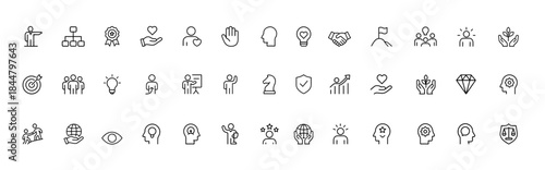Leadership core values icon set, glyph pictograms for business ethics, trust, teamwork, motivation, growth, vision, innovation, integrity symbols, professional vector illustration