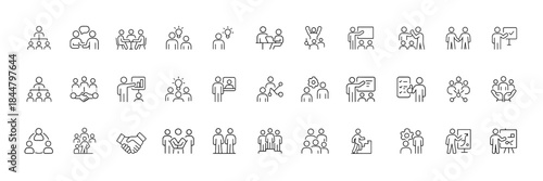 Business teamwork collaboration icon set, glyph vector pictograms for leadership communication meetings brainstorming networking success, black silhouette symbols for corporate management workflow