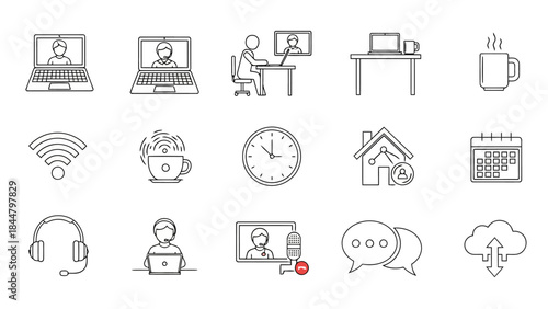 Set of handdrawn icons for remote work, online communication, and home office concepts, including laptops, video calls, clock, wifi, calendar, and coffee cup sketches