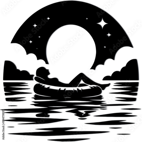 Serene Evening Float: Silhouette of a person enjoying a tranquil float on a calm lake under a celestial display of stars and the moon, capturing a moment of pure relaxation and escape.