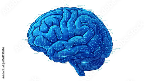 Digital illustration of a human brain in profile, rendered in vibrant blue with circuit board patterns and glowing nodes, symbolizing artificial intelligence, thinking, or neuroscience