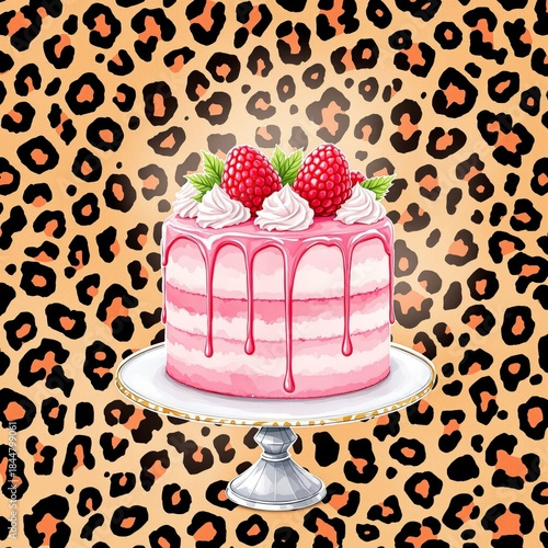 Pink raspberry cake with drip icing on leopard print background