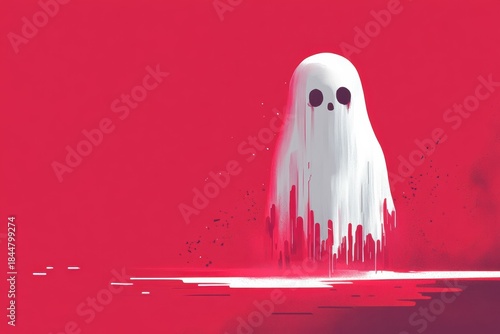 Ghost character stands in minimal design on red background in high-resolution style