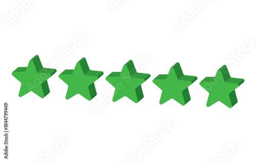 3d Five green stars customer product rating review icon for apps and websites, 3d vector. Five stars rating. 5 star for quality customer rating feedback from client employee, product review.
