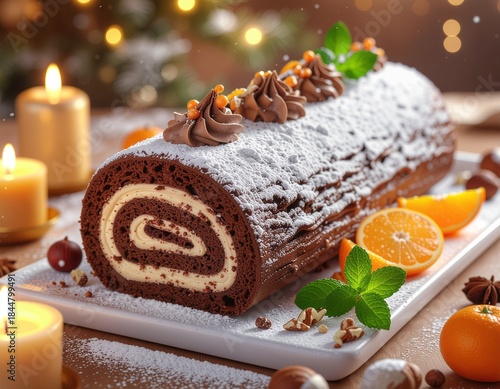 Bûche traditionnelle au chocolat et à l'orange dans un cadre festif. Generated Image. 