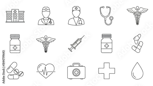 Set of medical and healthcare line icons hospital building, doctors, stethoscope, caduceus, syringe, pills, heartbeat, first aid kit, cross, blood drop outline symbols for medicine