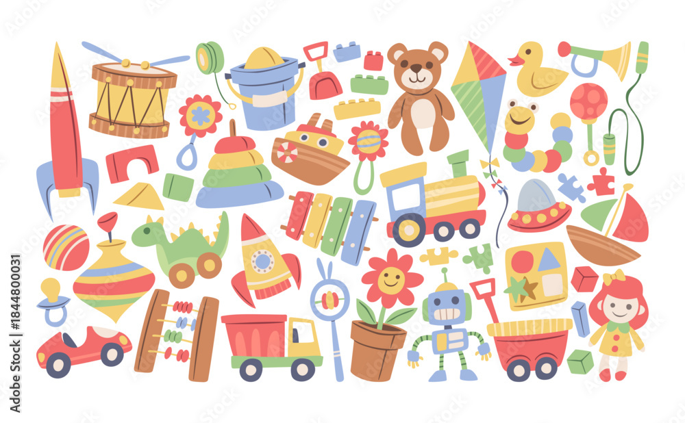 Fototapeta premium Large and vibrant arrangement of hand-drawn children toys diverse objects for childhood fun