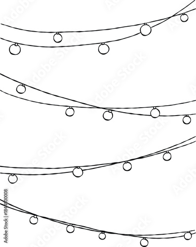Hand Drawn Christmas Light Garlands Line Art Postcard, Doodle Holiday String Lights outline Illustration