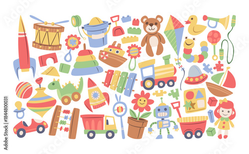 Large and vibrant arrangement of hand-drawn children toys diverse objects for childhood fun