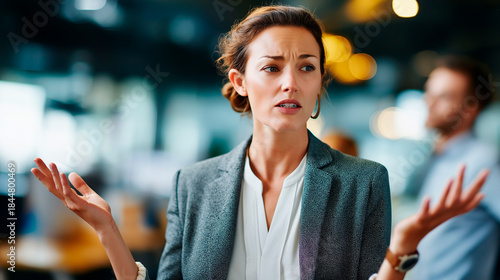 Faceless businesswoman with confused expression gesturing defocused colleague background anonymous professional during discussion conflict resolution concept team brainstorming