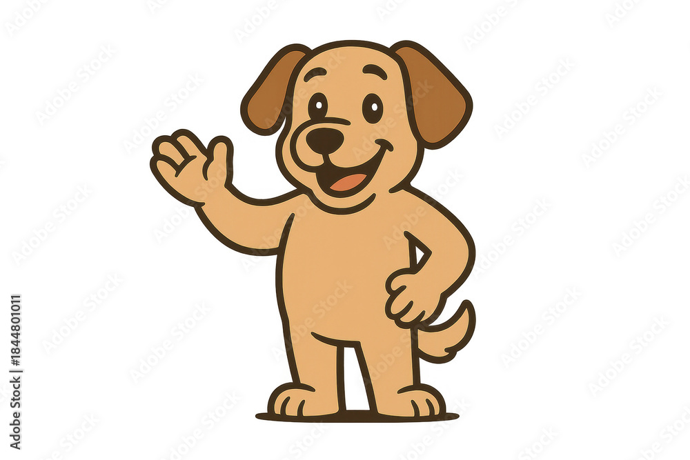 Fototapeta premium Cartoon puppy waving hand. Full body, standing on transparent background