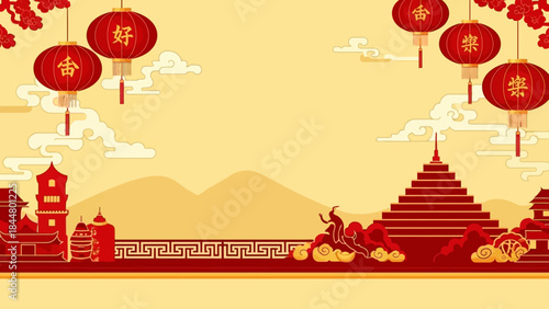 Festive Chinese New Year Celebration Scene with Traditional Decorations and Lanterns