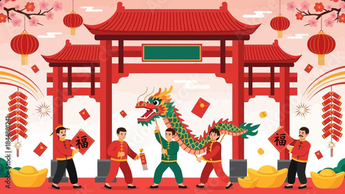 Festive Chinese New Year Celebration with Dragon Dance and Traditional Decor