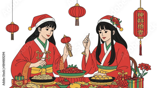 Festive Chinese New Year Celebration Featuring Traditional Attire and Decorations in Bright Red