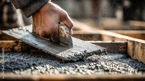 Worker smoothing freshly poured concrete with a wooden float on a construction site to create an even and durable surface for building foundations and floors