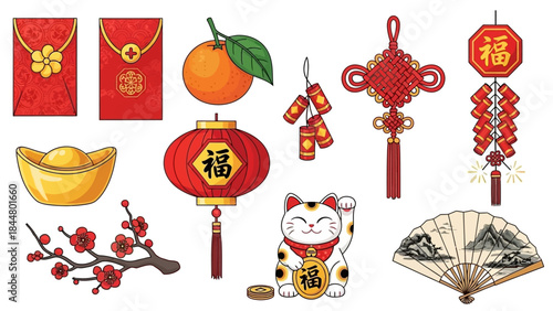Festive Chinese New Year Decorations and Symbols of Prosperity and Good Luck