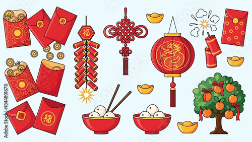 Festive Chinese New Year Decorations and Traditional Food Items in Bright Red Colors