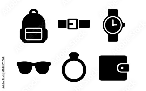 Black and white accessories icons set for design and web use