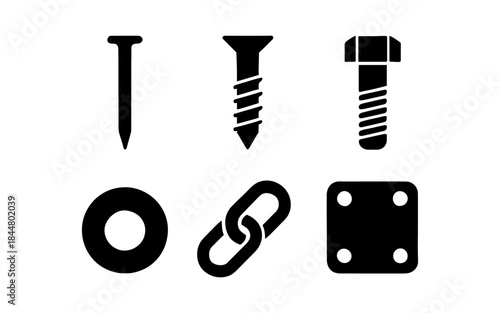 Hardware icons: nail, screw, bolt, washer, chain link, and mounting plate