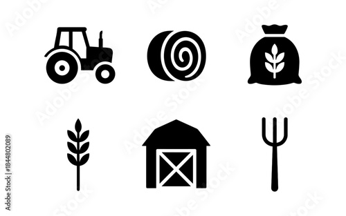 Farm icons set: tractor, hay bale, barn, wheat, and farming tools