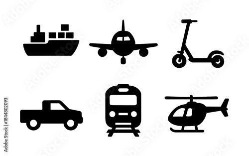 Black silhouette icons of various transportation methods on white background