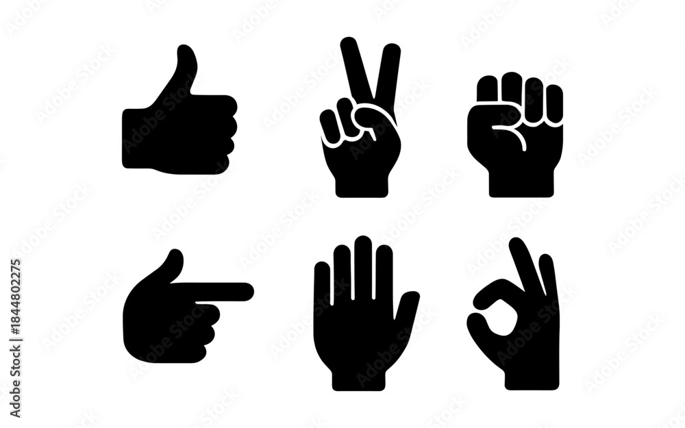 Fototapeta premium Hand gestures in black silhouette on a white background, vector illustration