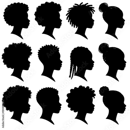 Diverse silhouettes of women with varied hairstyles in profile