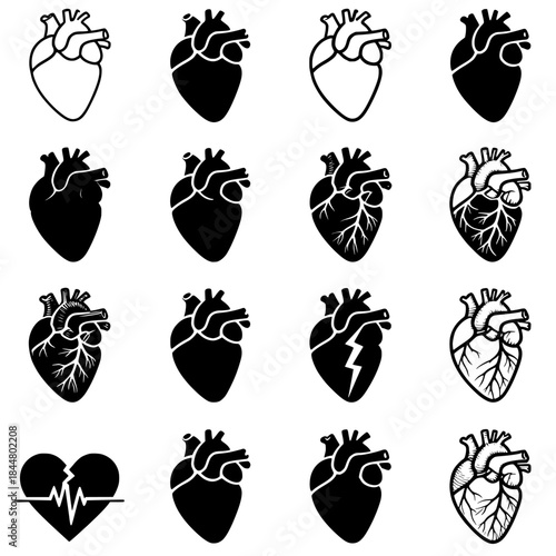 Monochrome Heart Icon Grid: Anatomical and Stylized Heart Symbols