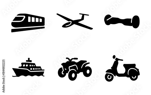 Transportation icons: train, airplane, hoverboard, ship, ATV, and scooter