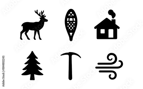 Winter outdoor icons: deer, snowshoe, cabin, tree, ice axe, and wind