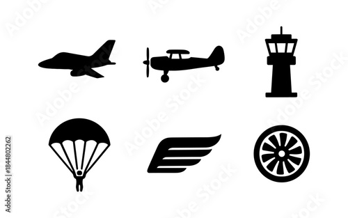 Black and white aviation icons including airplane, parachute, and wing design