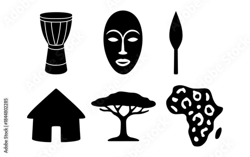 African culture icons: drum, mask, spear, hut, tree, and continent silhouette