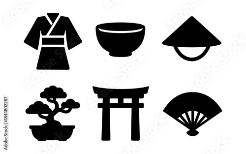 Japanese culture icons in bold black silhouettes on white background