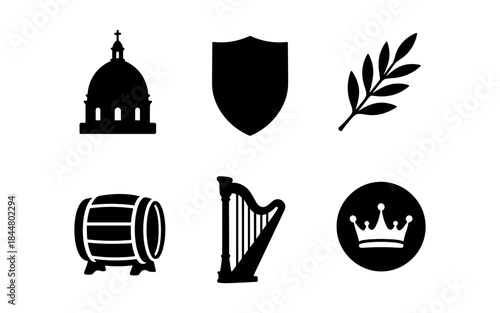 Black silhouette icons of a church, shield, olive branch, barrel, harp, and crown
