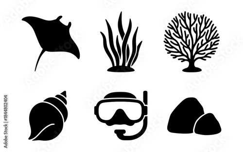 Black and white underwater world icons for design and decoration