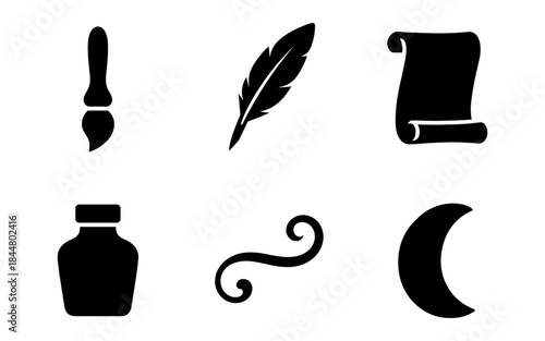 Black and white illustrations of writing and artistic elements on white background